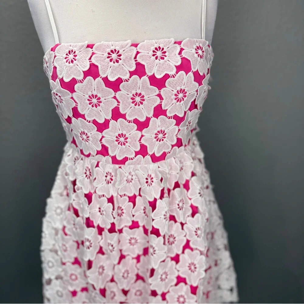 Ultramarine Pink white Crochet Detail Floral Dress Sz S Boho Kentucky Derby - Picture 5 of 10